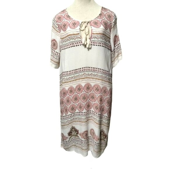 Gibson Latimer Womens Boho Print Tassel Tie Neck Tunic Dress Plus Size 2X - Picture 2 of 8